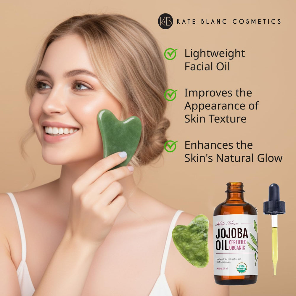 Gua sha stone and organic jojoba oil kit for facial massage