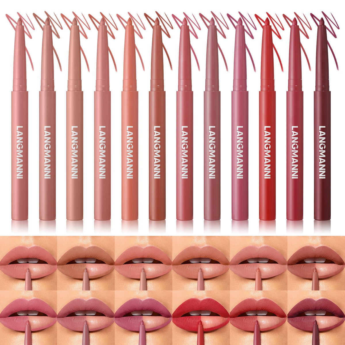 Jolilab Matte Lip Liner Set swatches showing 12 color options for versatile looks