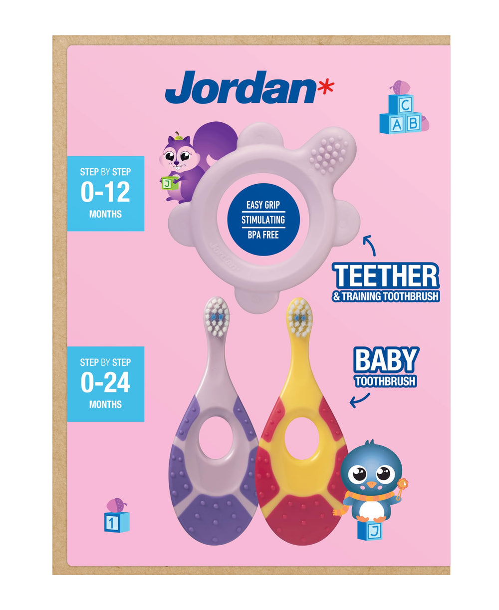 Jordan* full product front view shows compact teether and brush benefit convenience