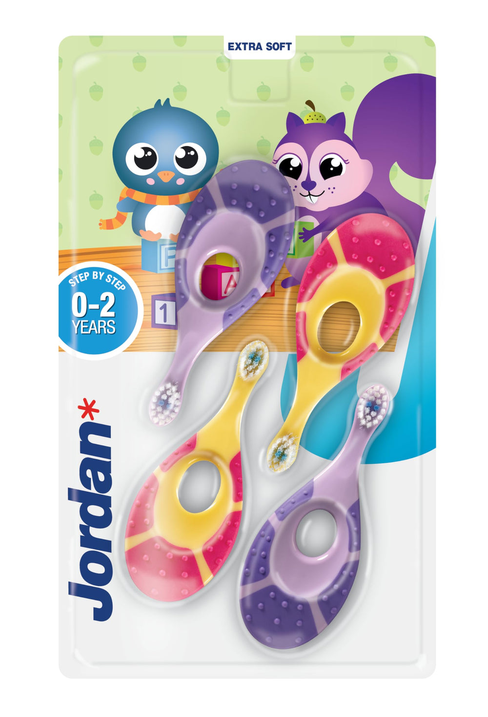 Jordan* front packaging showing four baby toothbrushes and benefits