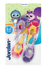 Jordan* front packaging showing four baby toothbrushes and benefits