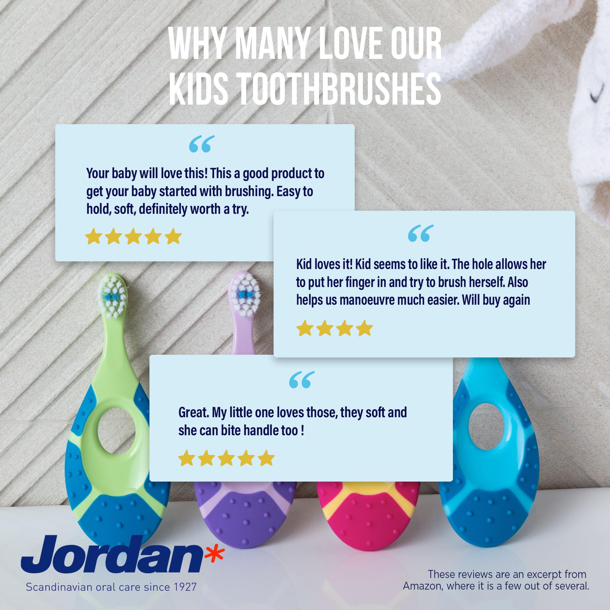 Jordan* toothbrush next to a child's hand showing true scale
