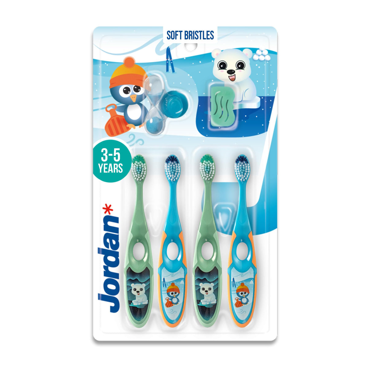 Jordan* front packaging showing four blue and green toothbrushes for convenience