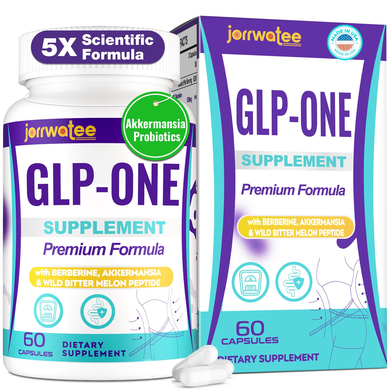 Front view of Jorrwatee GLP ONE 60-count probiotic bottle