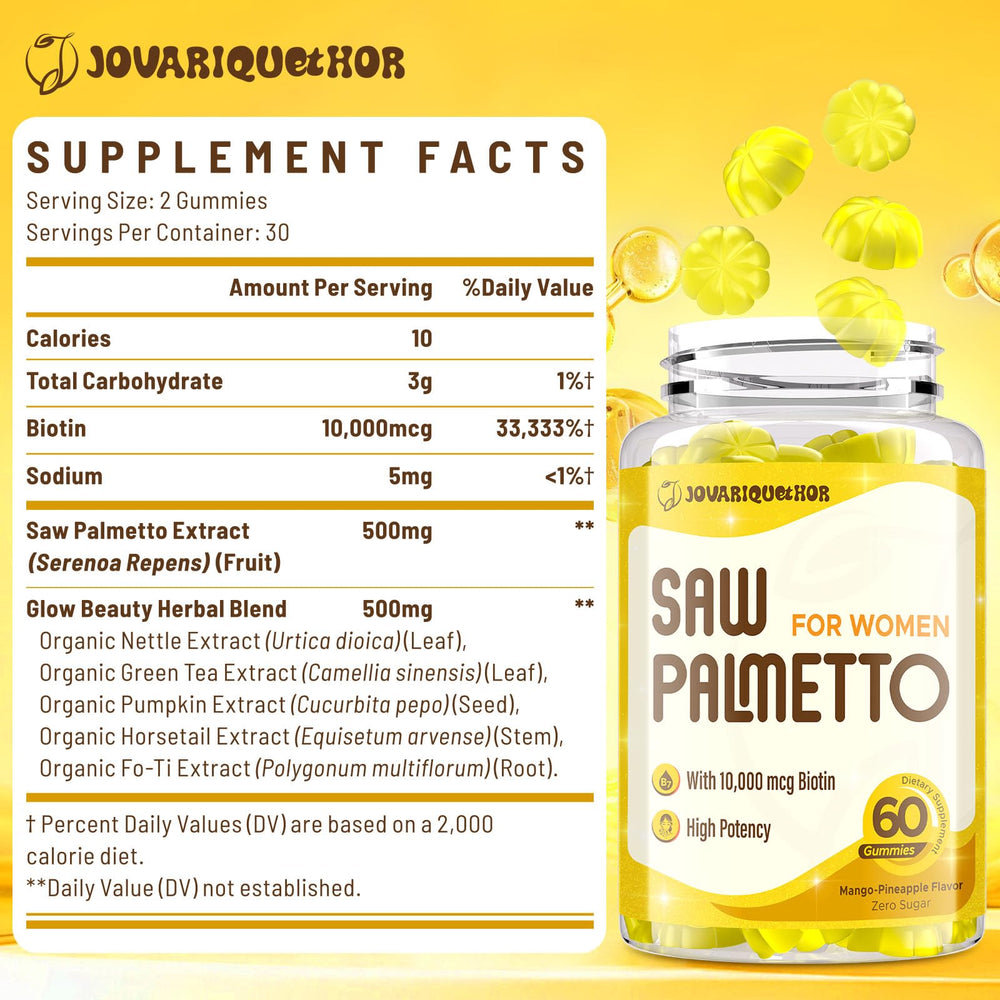 Close-up of 500mg Saw Palmetto Gummies with Biotin and herbal blend