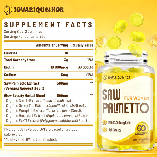 Close-up of 500mg Saw Palmetto Gummies with Biotin and herbal blend