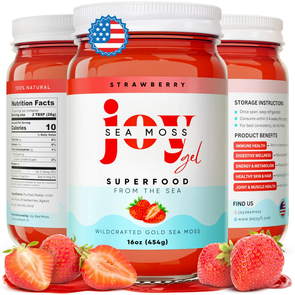 Front view of Joy Sea Moss Wildcrafted Irish Sea Moss Gel 16 oz strawberry jar