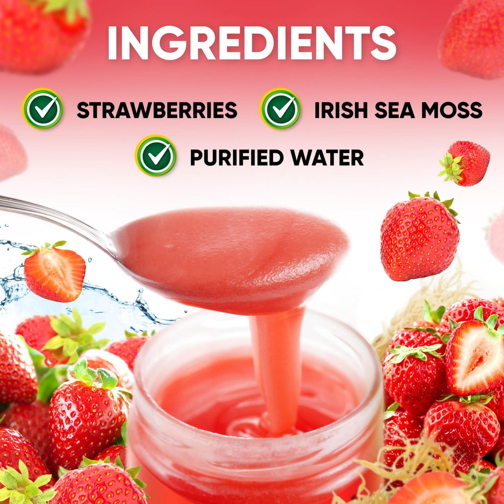 Ingredients panel and real fruit in the Joy Sea Moss gel