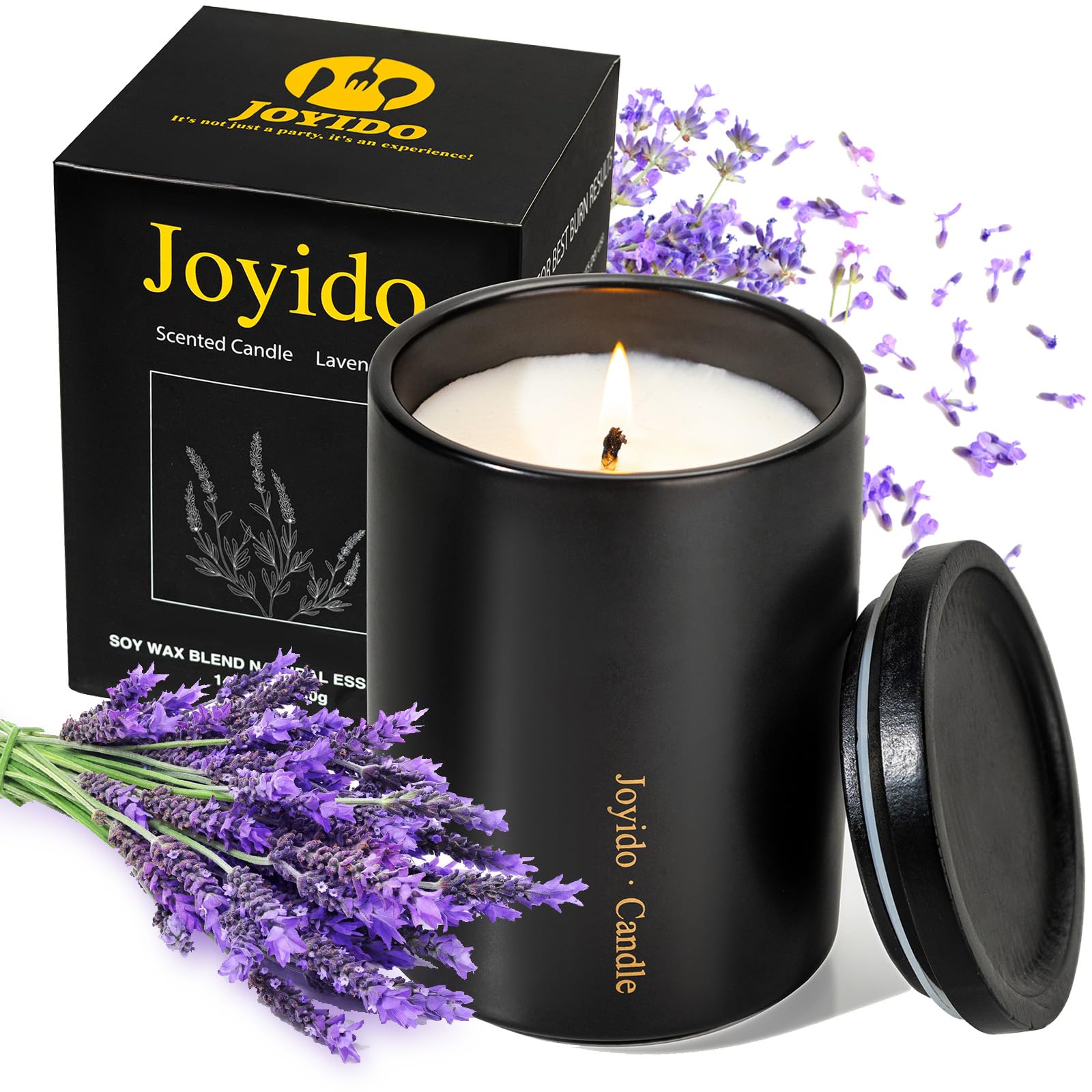 Joyido 14oz Lavender Scented Candle in a black ceramic jar - front view