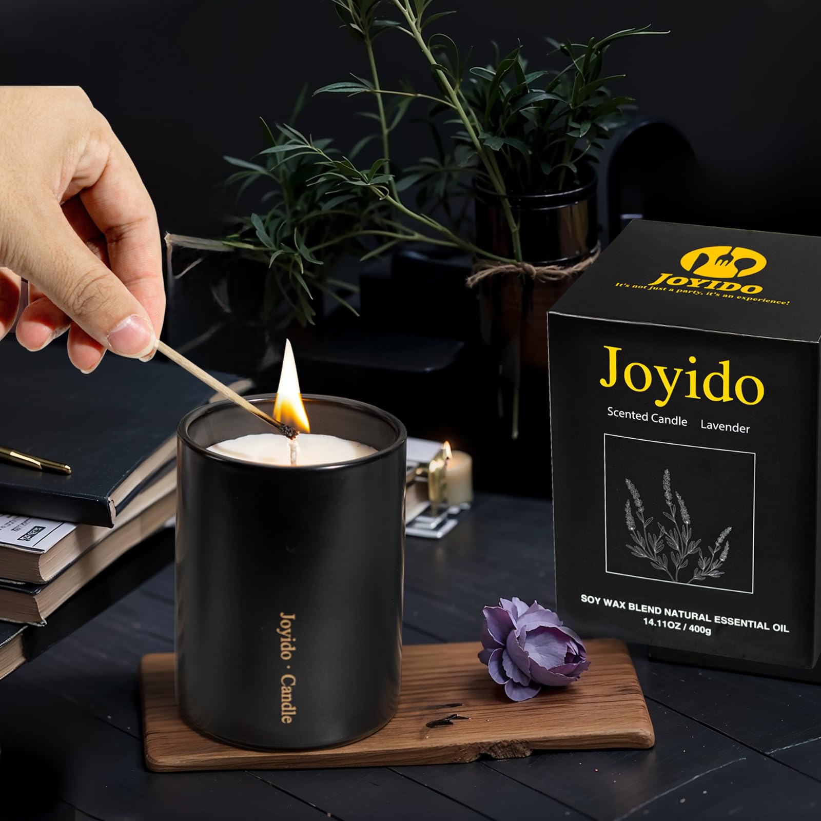 Back/label detail on Joyido lavender candle in black ceramic jar