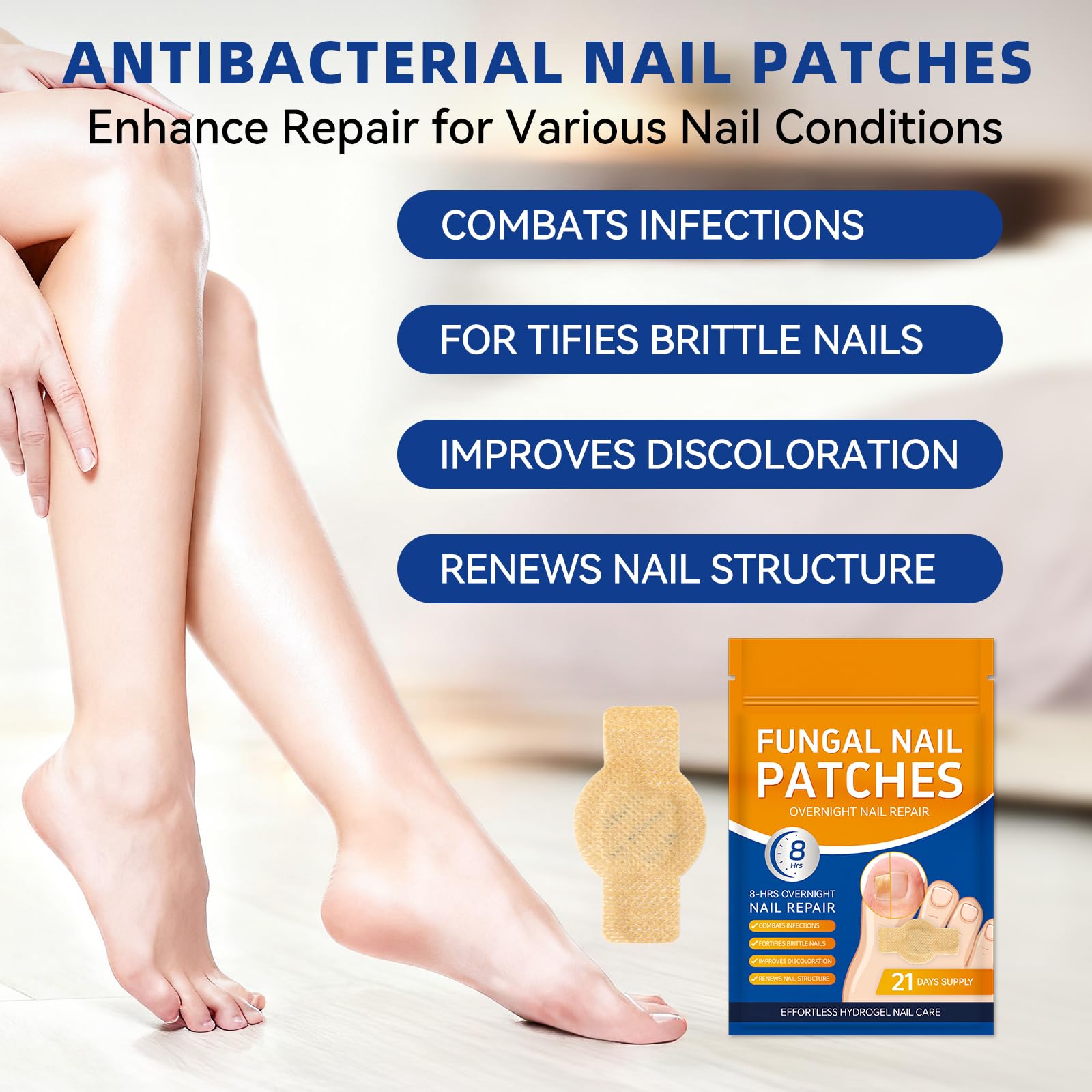 JoyJar patches placed on toenail during night use for restorative care.