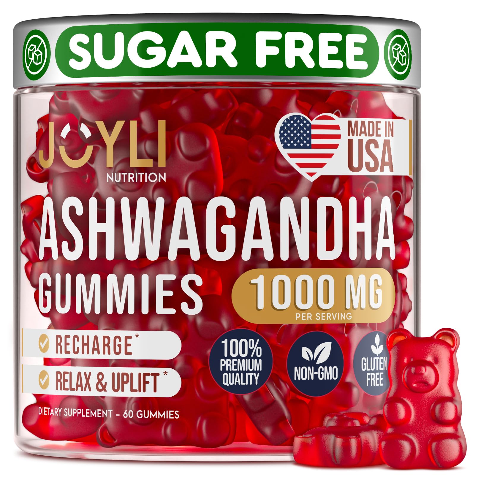 Bottle of JOYli Ashwagandha Gummies with 60 vegan sugar-free chews