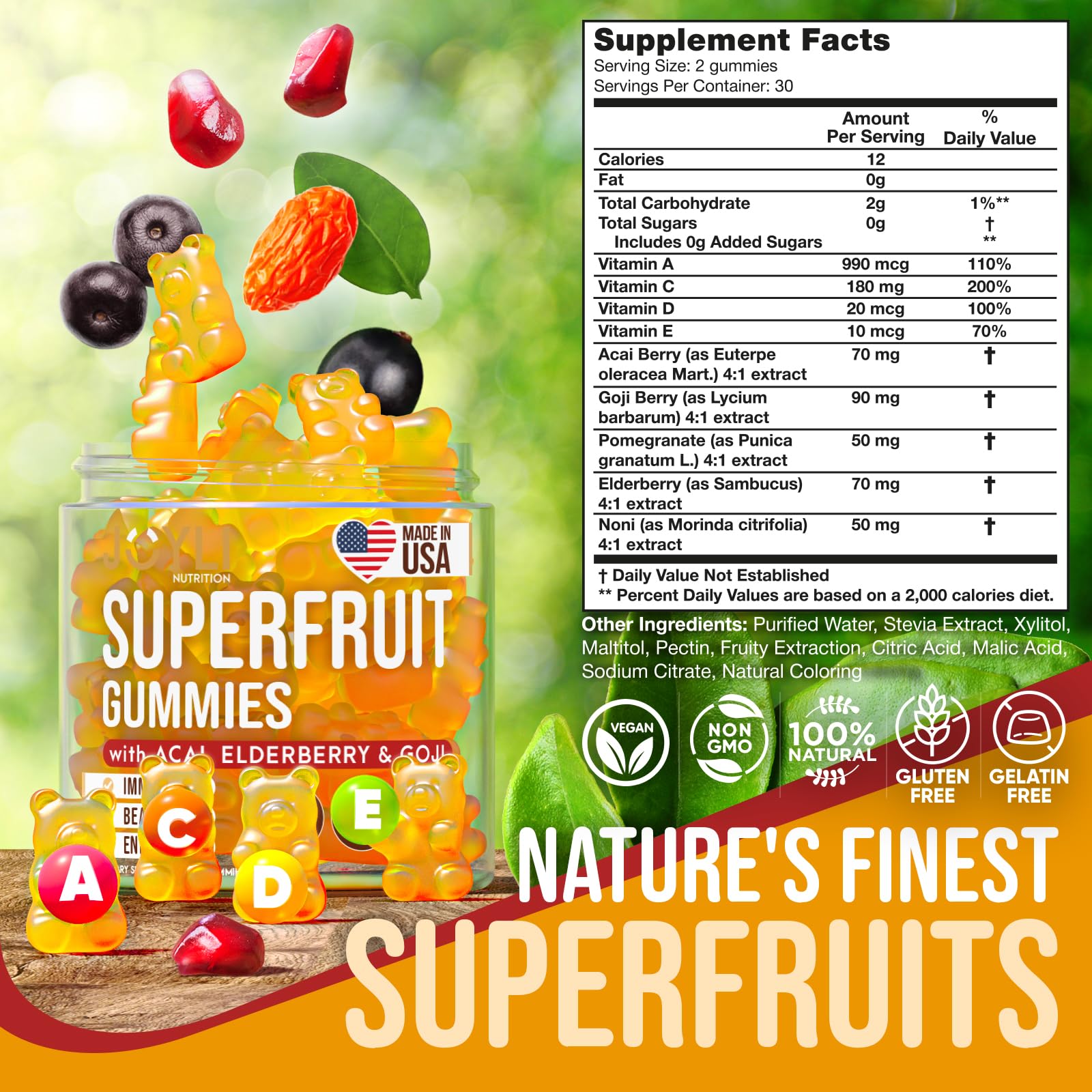Joyli gummies with Goji, Elderberry, and Acai ingredients