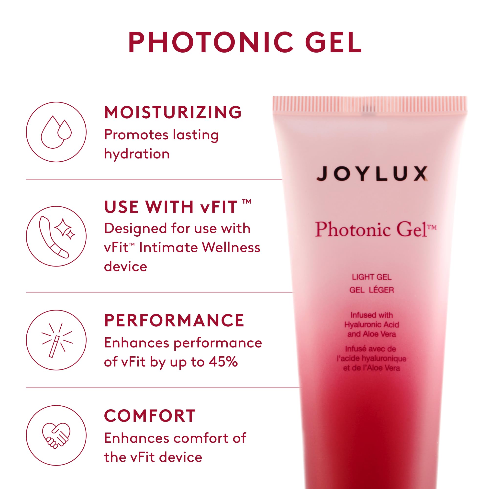 Joylux red LED light close-up highlighting female wellness therapy.