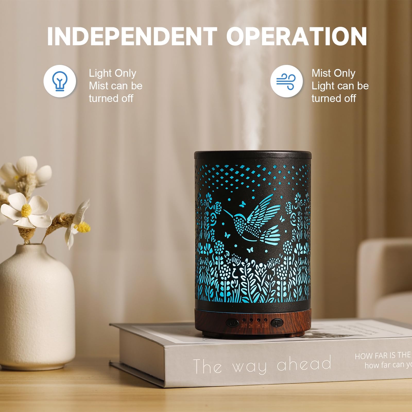 Diffuse mist and ambient lighting from JOYOLO diffuser in living room