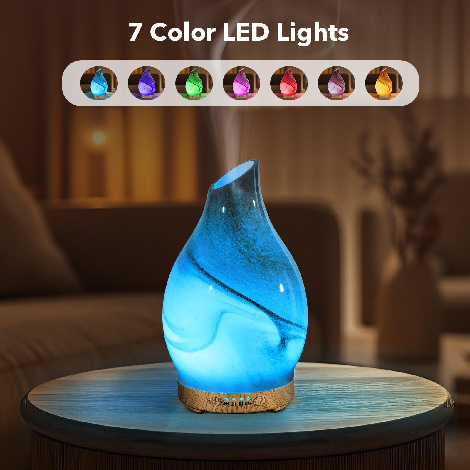 Diffuser displaying 7 LED color options with ambient lighting