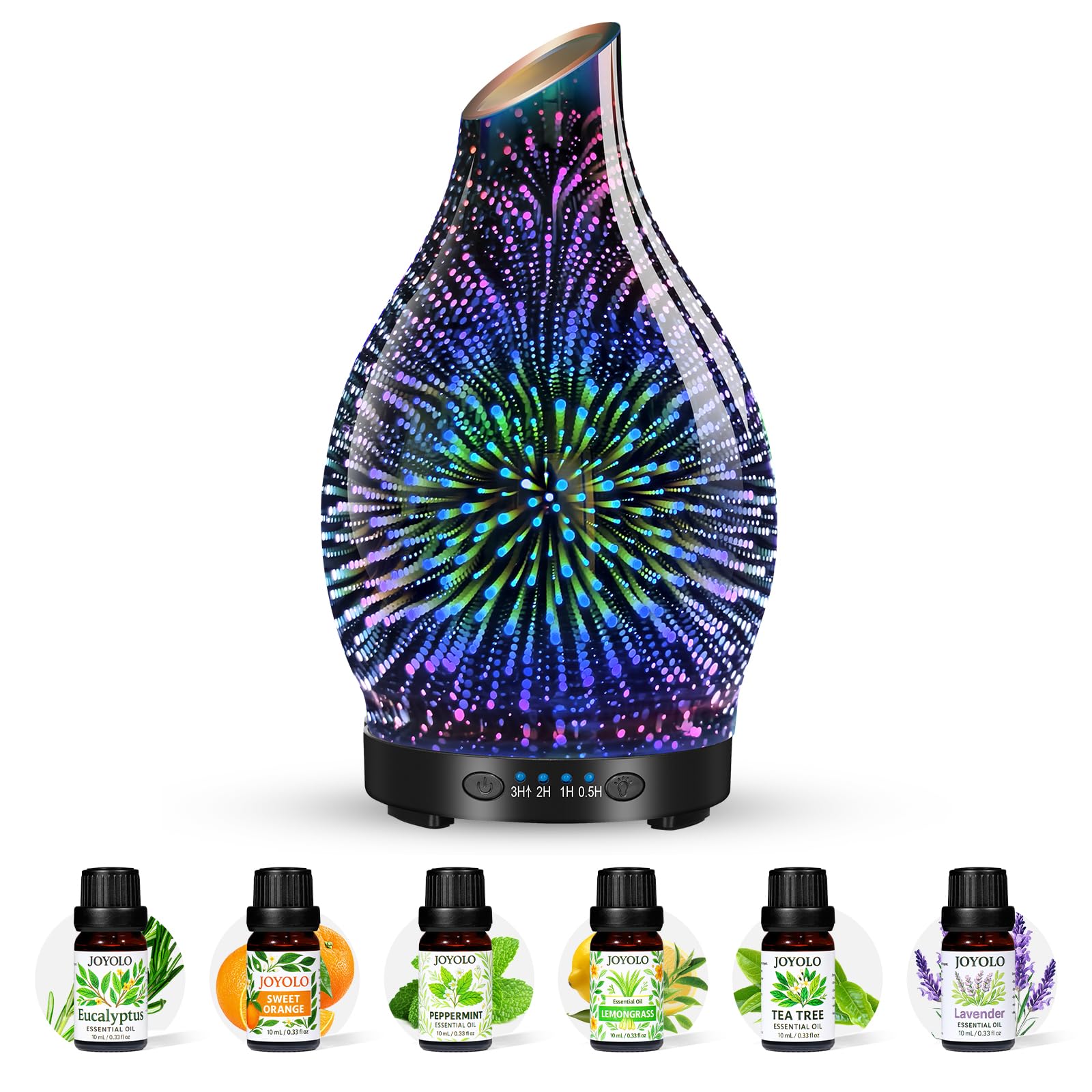 JOYOLO diffuser set with glass aroma diffuser and six essential oil bottles