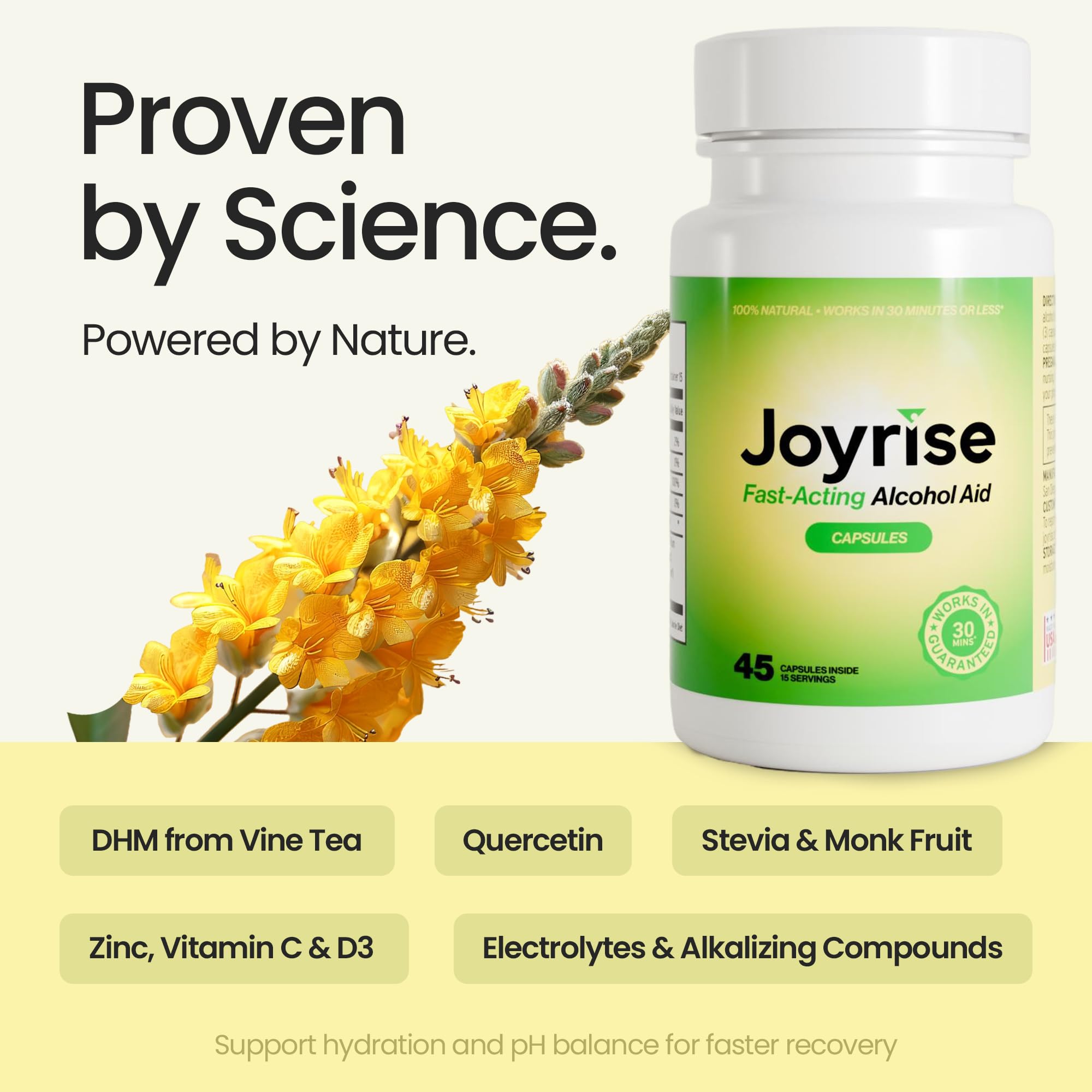 Joyrise After Drinking Aid capsules closeup highlights DHM for metabolism support