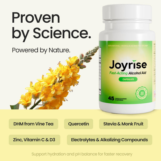 Joyrise After Drinking Aid capsules closeup highlights DHM for metabolism support