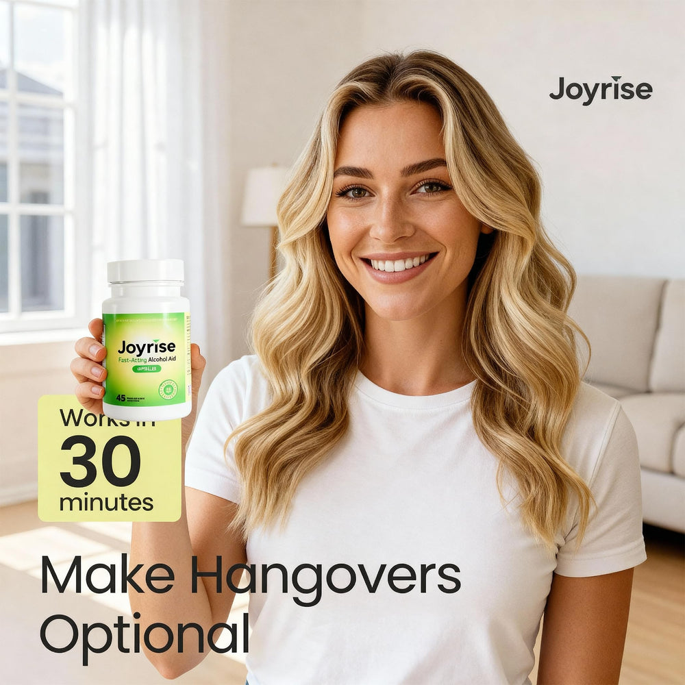 Joyrise bottle with glass on desk suggests post-drinking routine