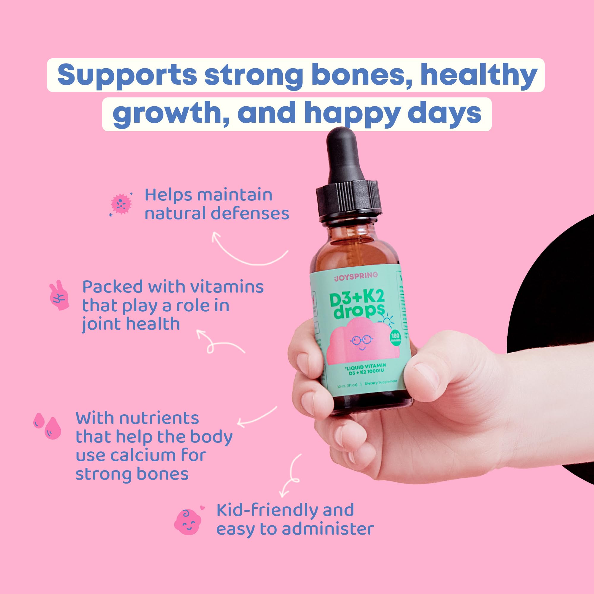 2 oz bottle of JoySpring Vitamin D3 K2 kids drops