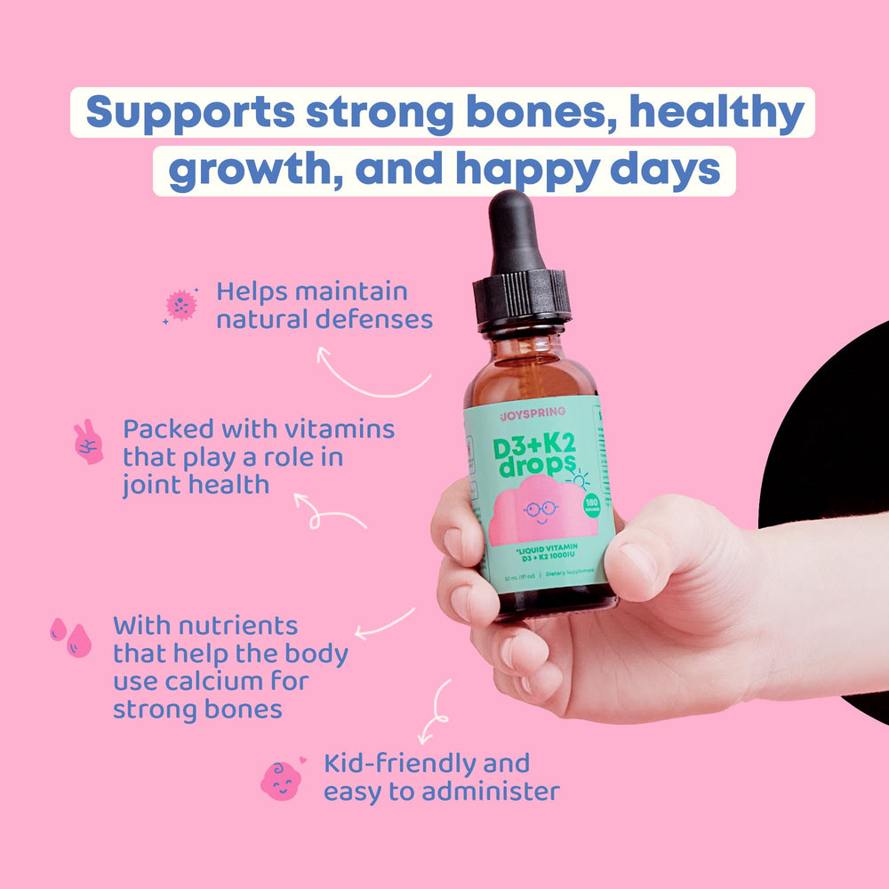 2 oz bottle of JoySpring Vitamin D3 K2 kids drops