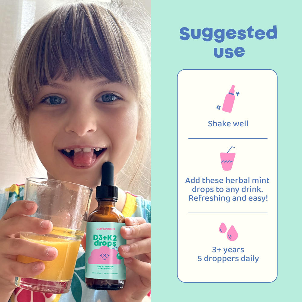 Close-up of dropper dispensing vitamin D3 drops for kids