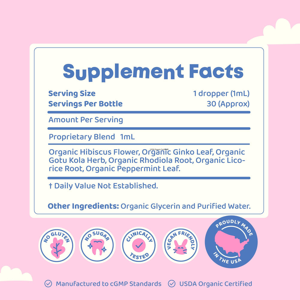 Serving size and bottle label for Genius Drops