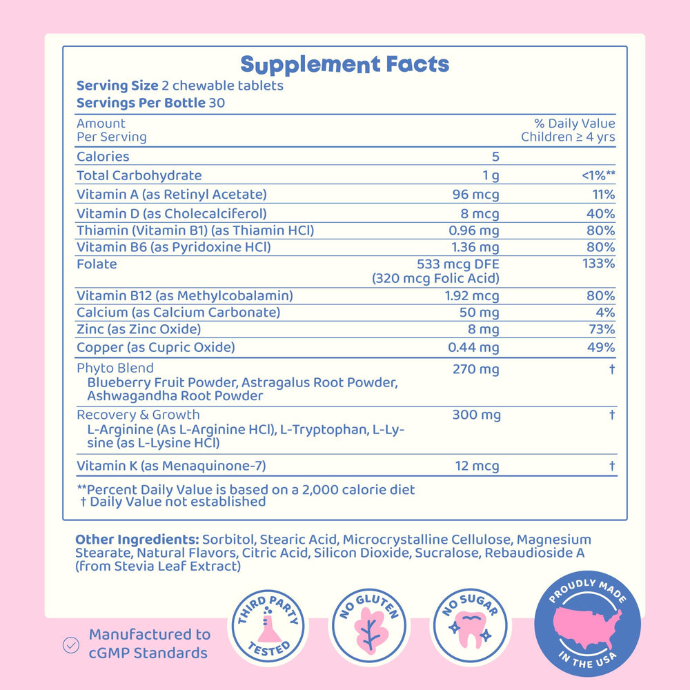 Sugar-free chewables and allergen-free claim on label