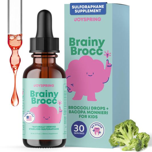 JoySpring kid-friendly broccoli sulforaphane drops bottle and dropper