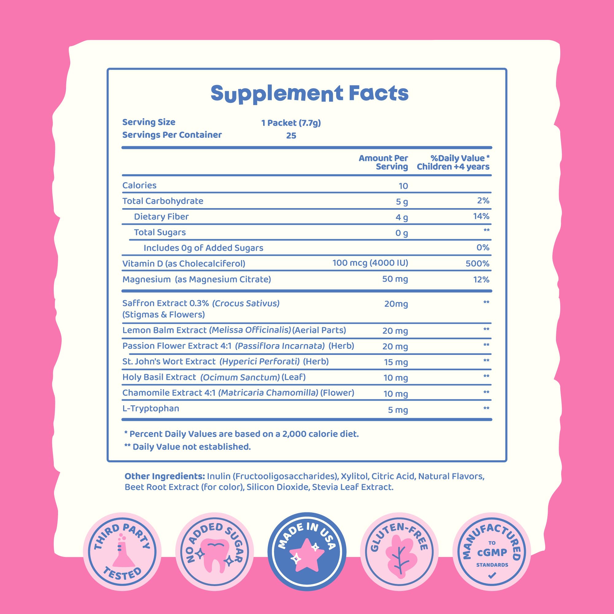 JoySpring Mood Magic ingredients chart emphasizes saffron and magnesium citrate.