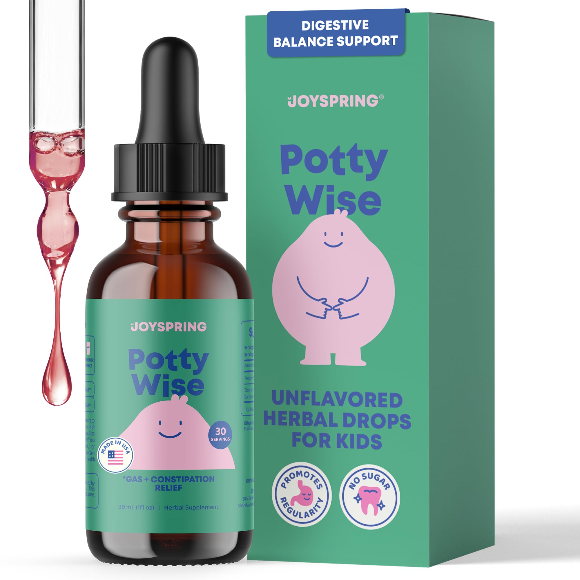 JoySpring Potty Wise Drops bottle on counter showing gentle, natural toddler digestive support.