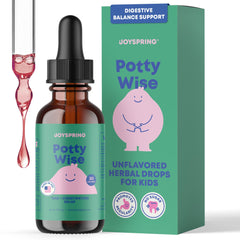 JoySpring Potty Wise Drops bottle on counter showing gentle, natural toddler digestive support.