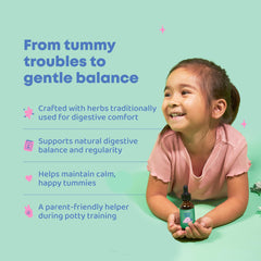JoySpring Potty Wise Drops dosing scene illustrating age-appropriate dosing for kids.