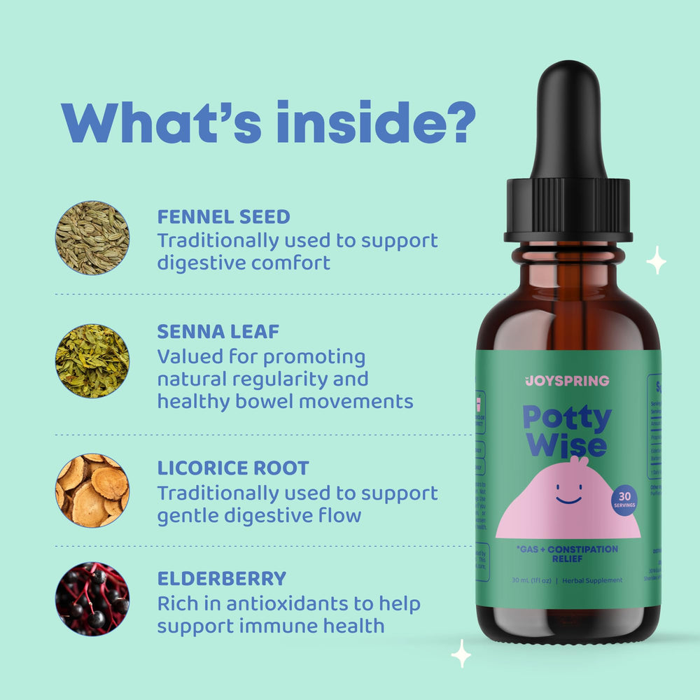 JoySpring Potty Wise ingredients include elderberry and fennel for gentle gut support.