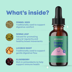 JoySpring Potty Wise ingredients include elderberry and fennel for gentle gut support.