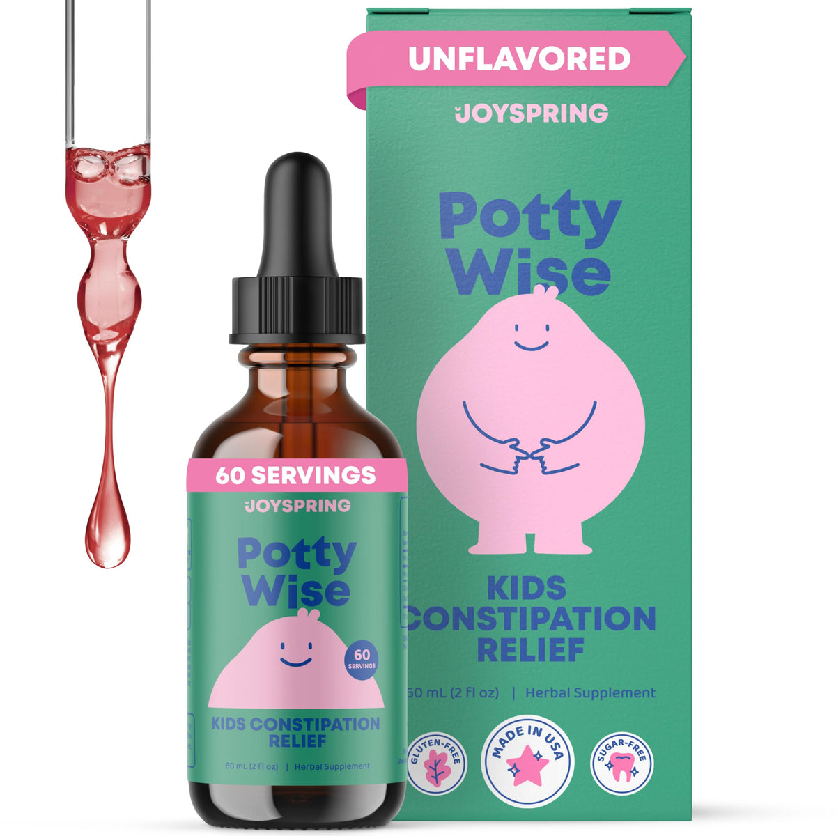 JoySpring Potty Wise bottle front, compact 2 oz for kid-friendly digestion.