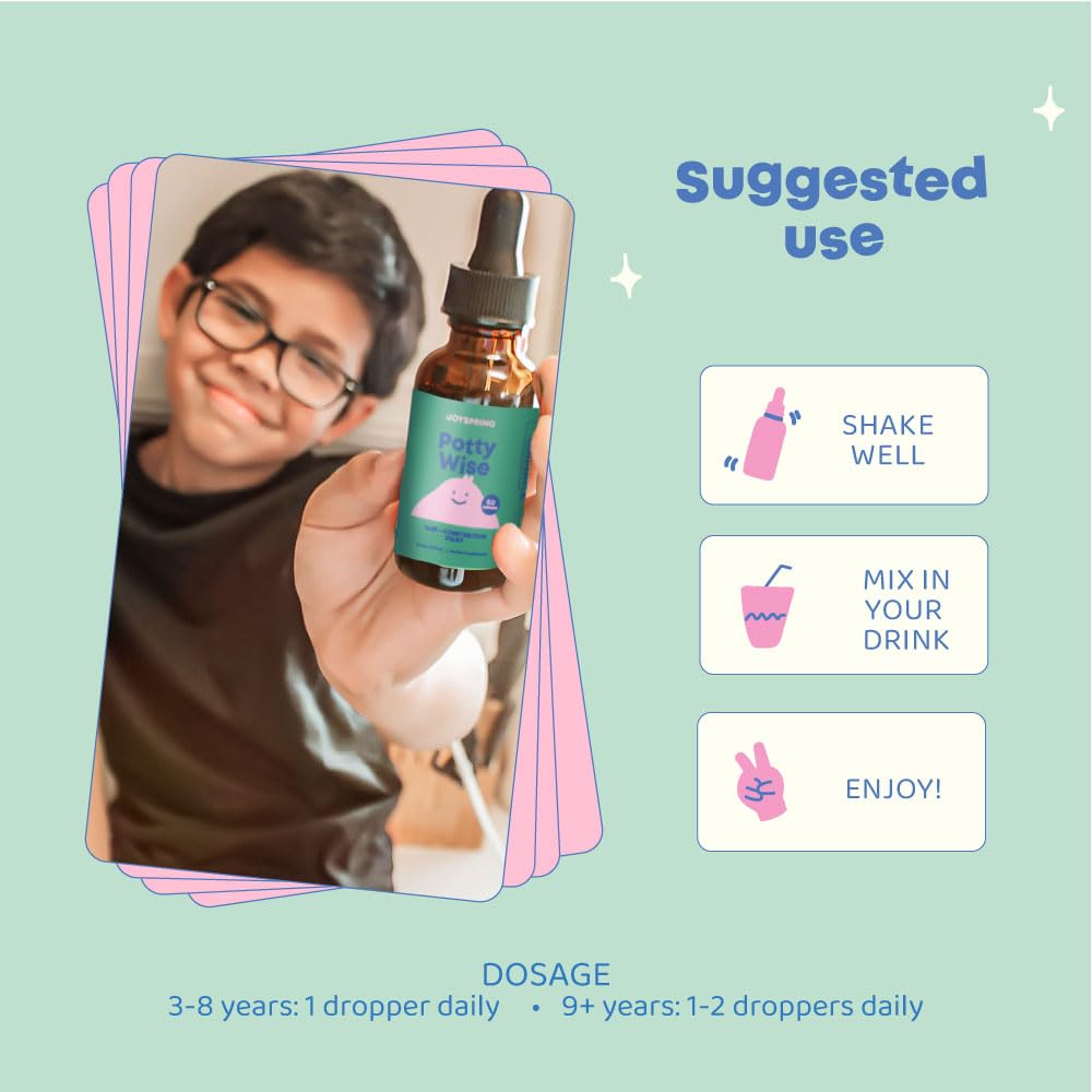 JoySpring Potty Wise dosing drops shown for toddlers and up.