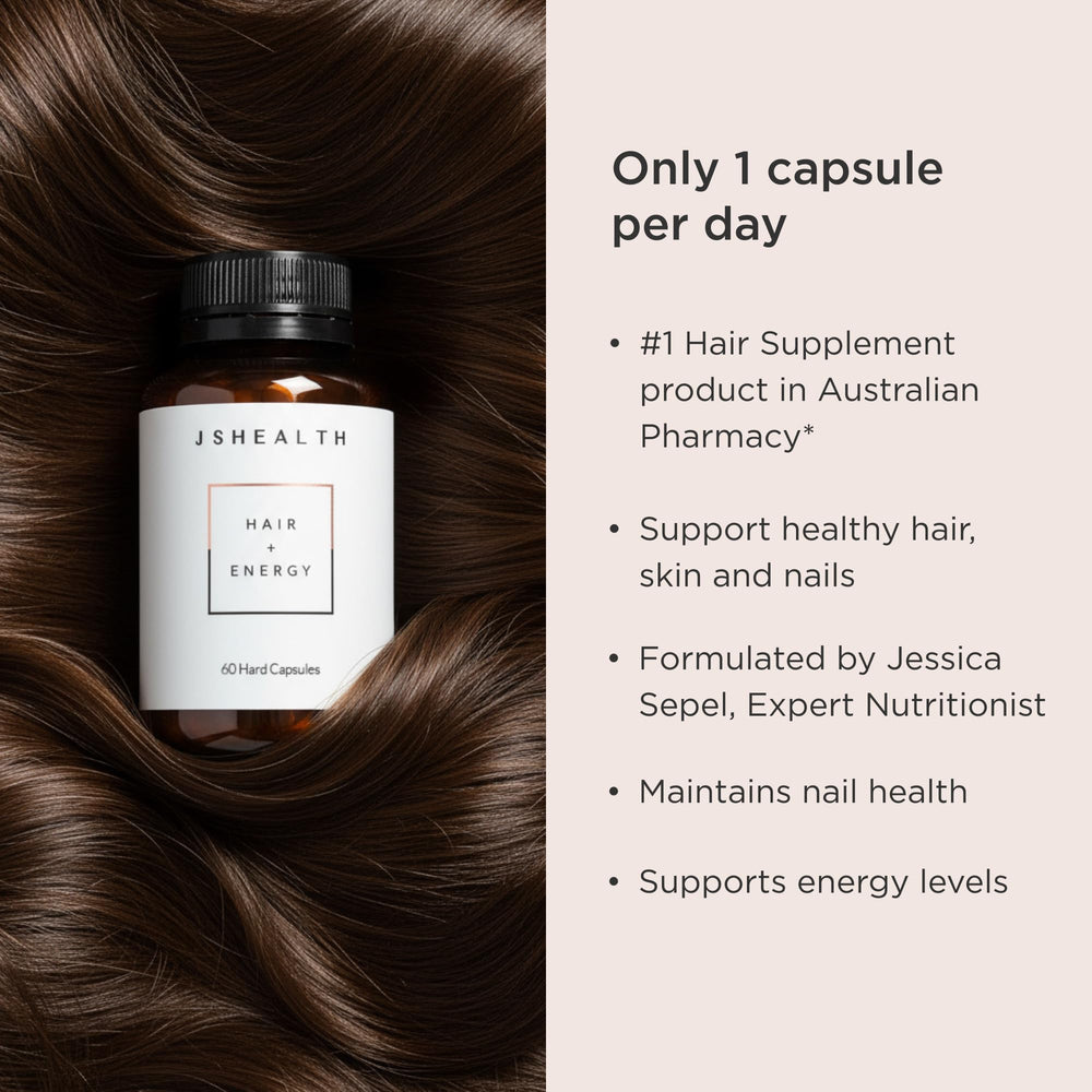 JSHealth Hair Formula gluten-free and dairy-free certification on packaging.