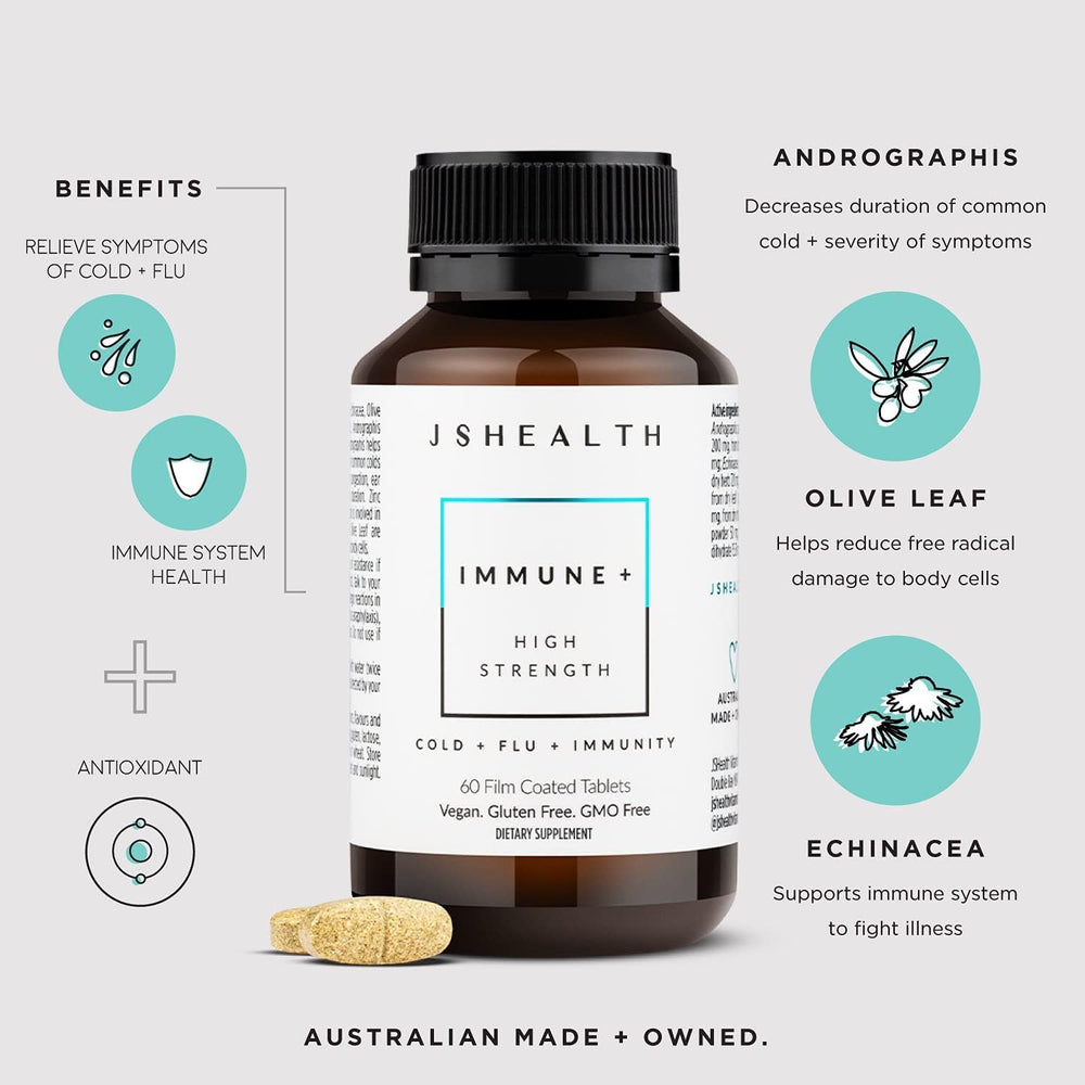 Close-up of JSHealth Immune + Immunity Booster tablets