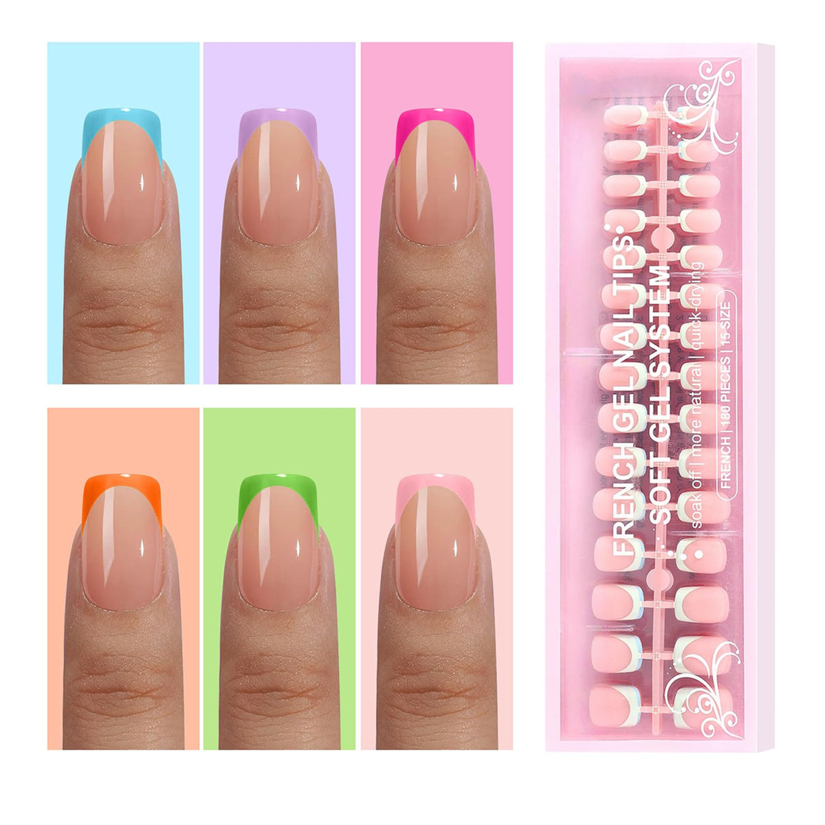 Jsiallye French Tip press-on nails show six colors for quick at-home manicures.