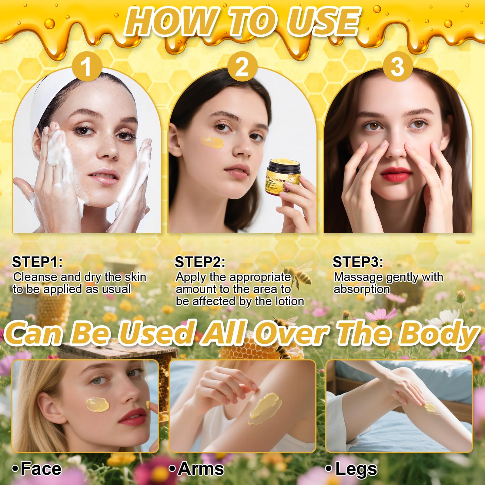 Application massage using Juanchi Bee Venom Cream for even texture.