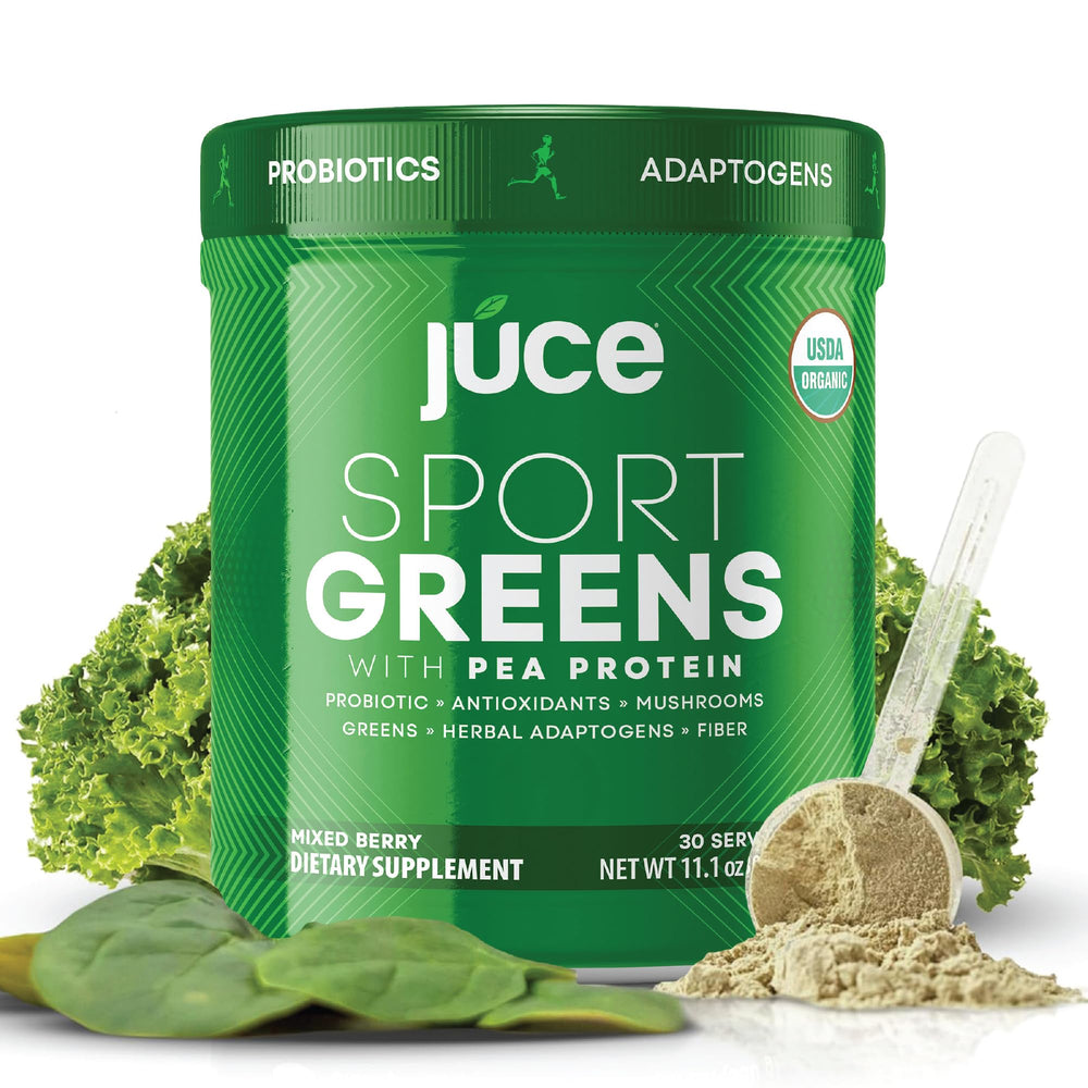 Juce SG7 Sport Greens Powder packaging front with mixed berry flavor