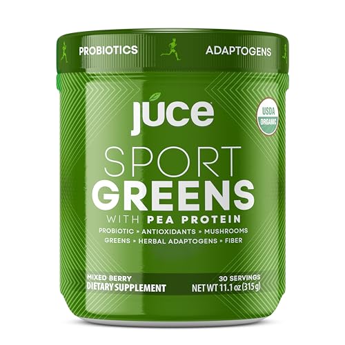 Scoop of Juce SG7 greens powder being added to a glass of water