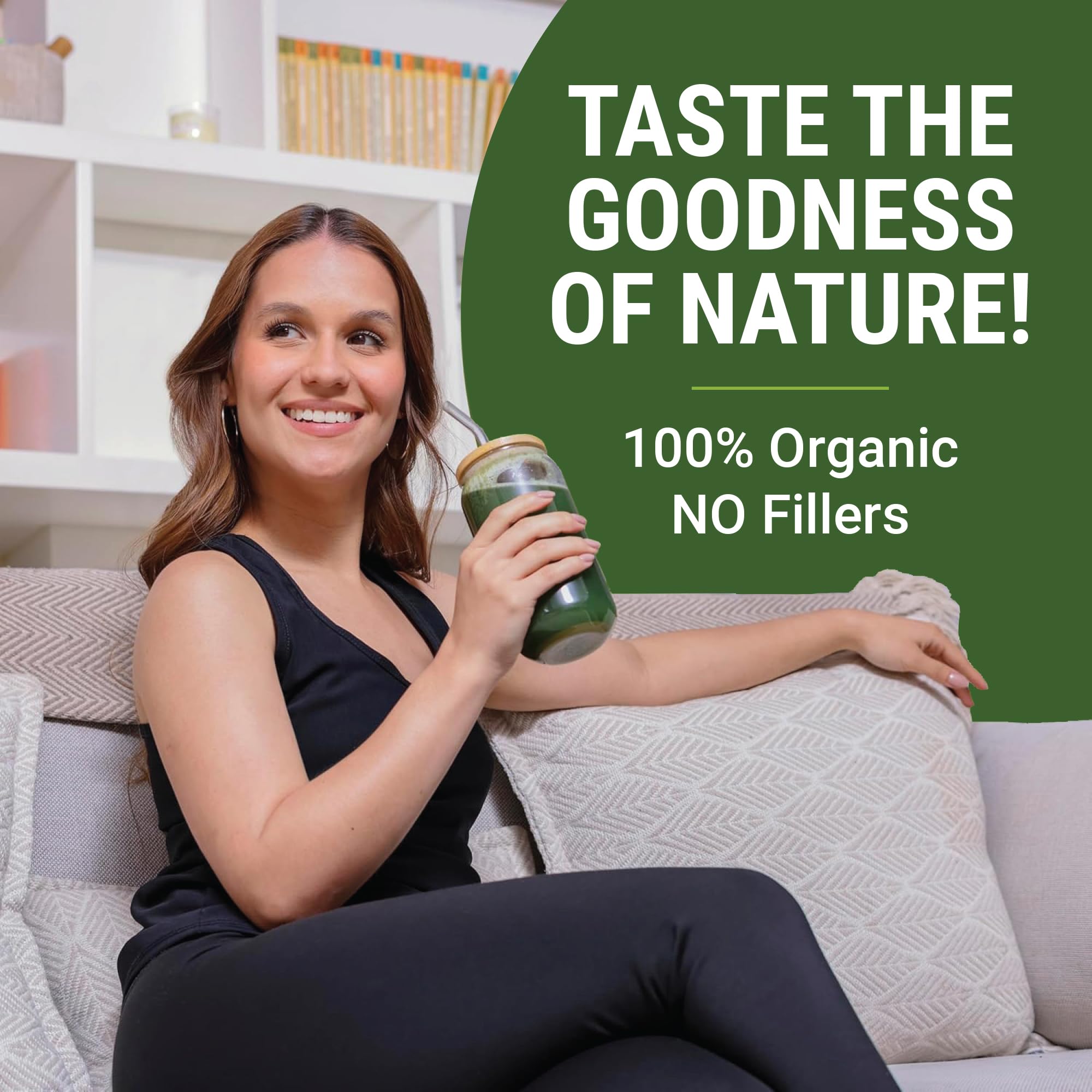 Mixing greens powder into a bottle with a straw