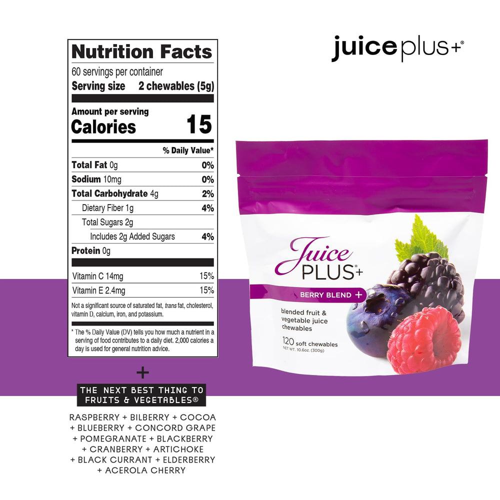 Juice Plus+ Berry Blend Soft Chews with whole fruits and berries ingredients.