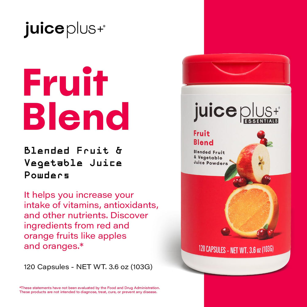 Juice Plus+ Fruit Blend bottle label highlighting kosher and non-GMO quality