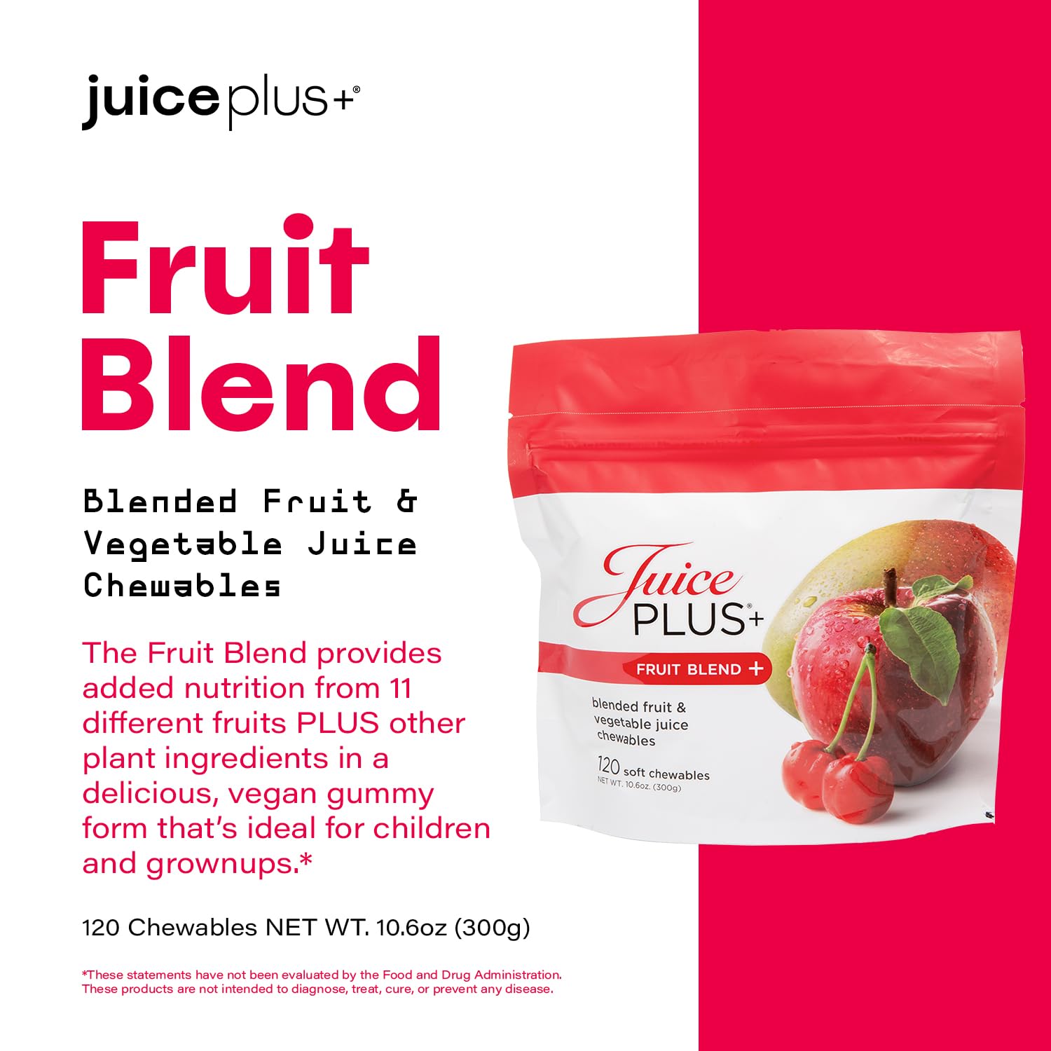 Juice Plus+ Fruit Blend Soft Chews label highlighting vitamins and whole food ingredients