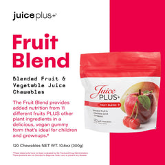 Juice Plus+ Fruit Blend Soft Chews label highlighting vitamins and whole food ingredients