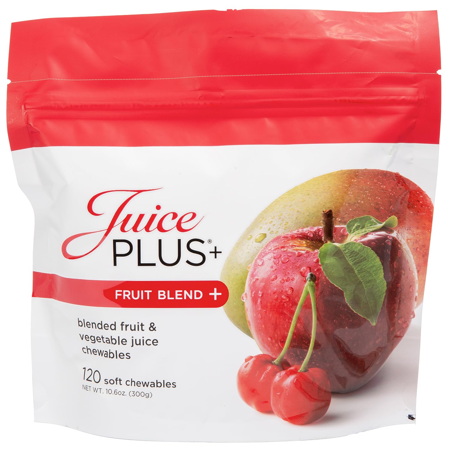 Juice Plus+ Fruit Blend Soft Chews packaging showing convenient vegan gummies for daily nutrition